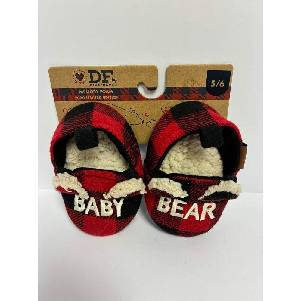 Dearfoams Memory‎ Foam Infant Slippers " BABY BEAR" Size 5/6 Black and Red Plaid
